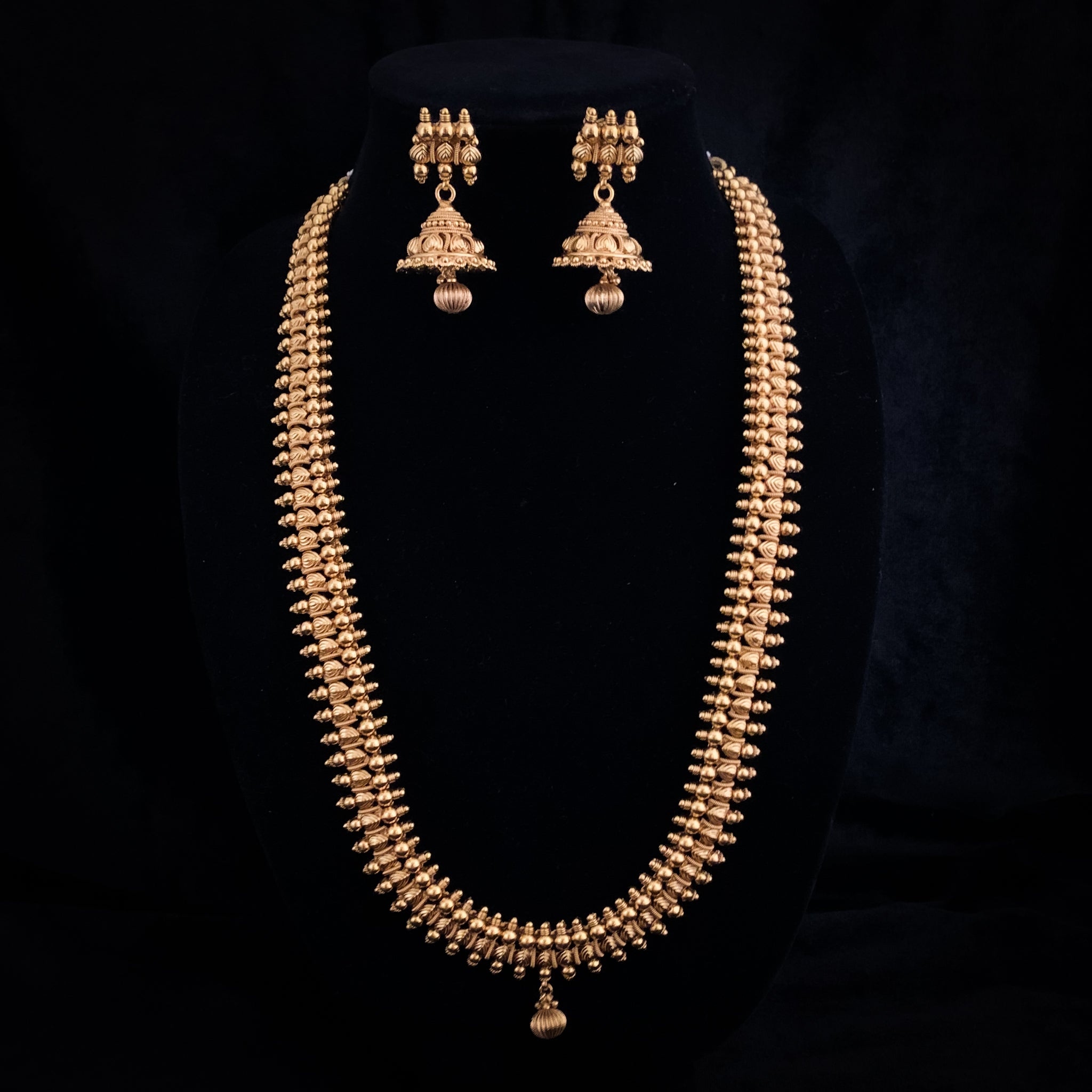 Traditional Long Kerala Style Antique Gold Necklace Set with Jhumka