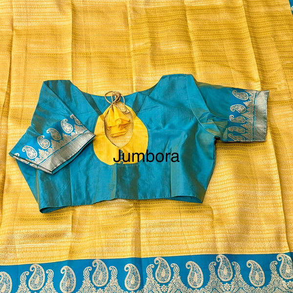 Yellow Designer Soft Banarasi Silk Saree with Stitched Blouse