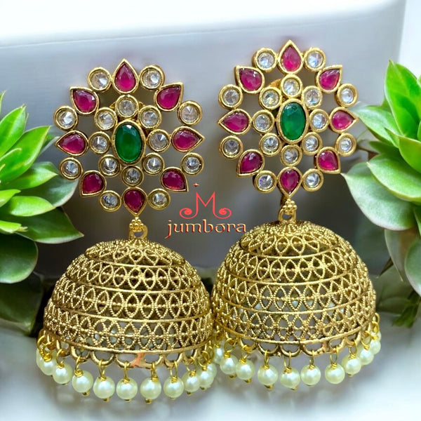 Traditional Ruby red, Green & LCD Champagne AD stones Jhumka Earrings