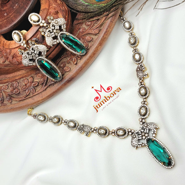 Teal Green & White AD Zircon Victorian Necklace