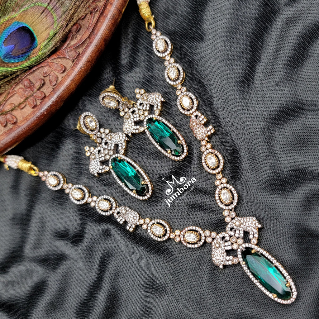 Teal Green & White AD Zircon Victorian Necklace