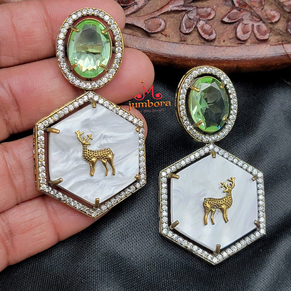 Sabyasachi Inspired MOP (Mother of Pearl) Deer & Light Green AD Zircon Victorian Earring