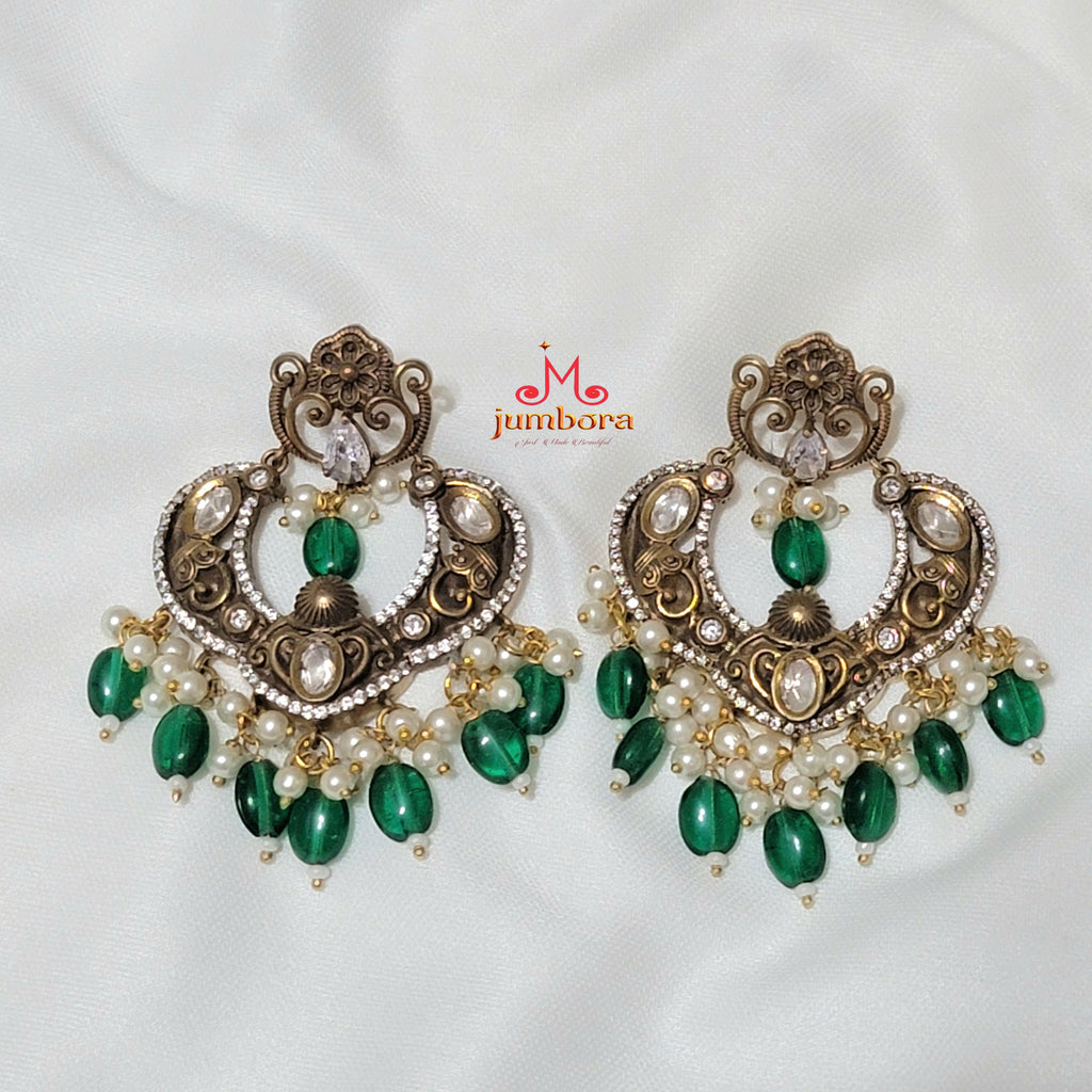 Green Kundan & White Zircon CZ ( AD) Victorian Earring