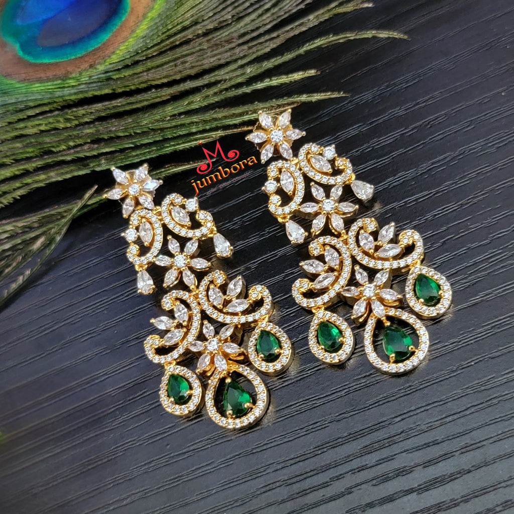 Partywear Designer Floral Green & White AD Zircon CZ Earrings