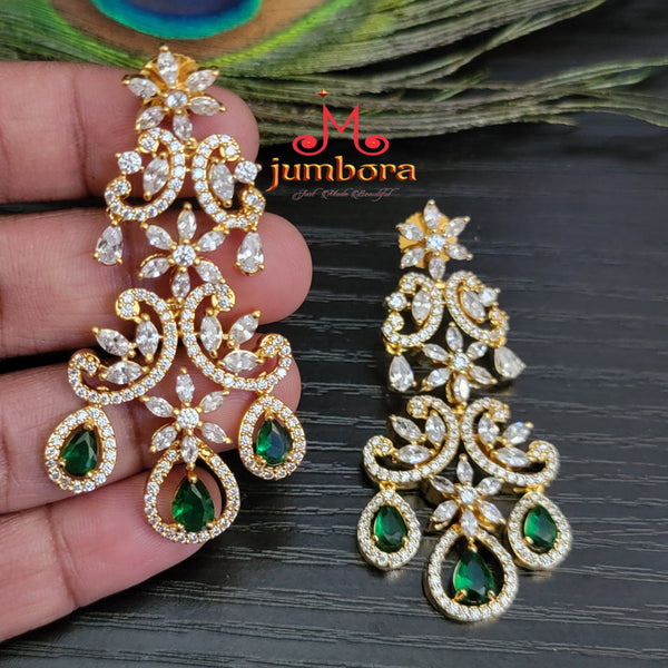 Partywear Designer Floral Green & White AD Zircon CZ Earrings