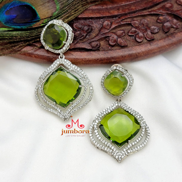 Doublet Peridot Green Stone & White AD Zircon Earring