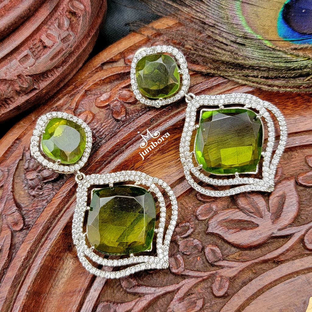 Doublet Peridot Green Stone & White AD Zircon Earring