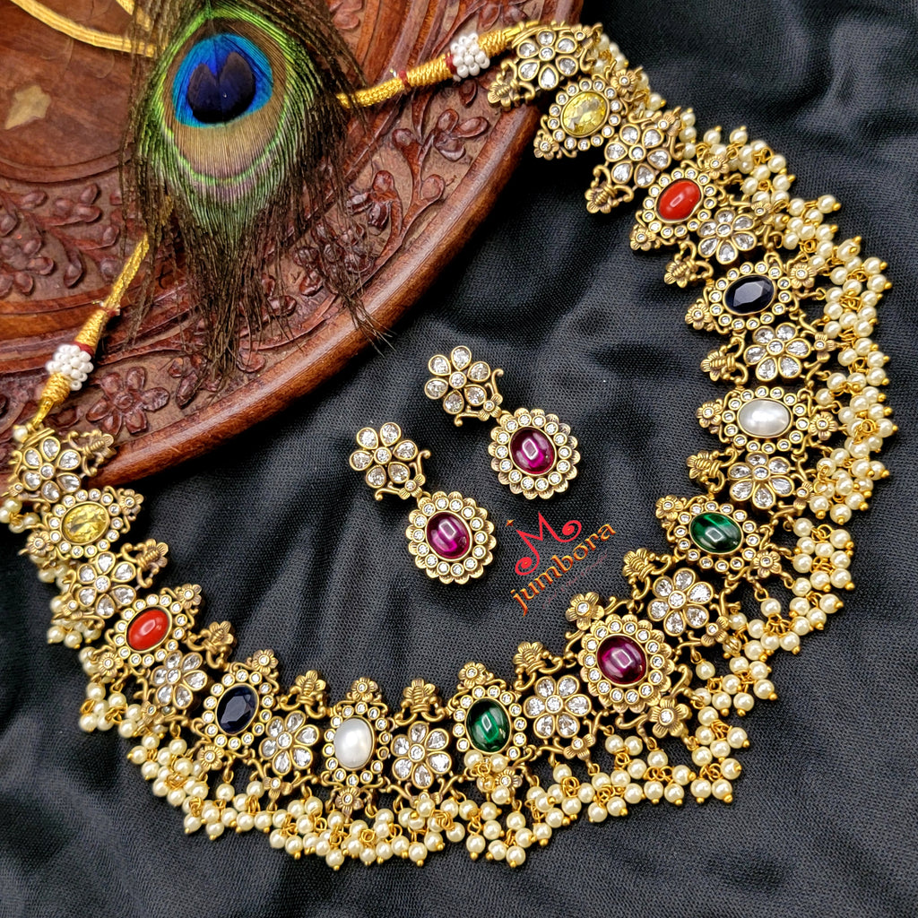 Victorian Gold Navaratna Guttapusalu Necklace set