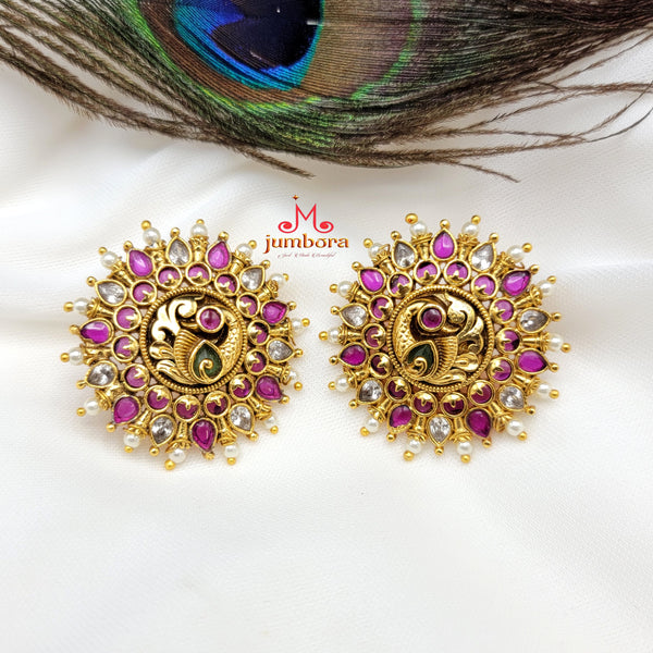 Peacock Matte Gold White Kemp & AD stone Big Stud Earring