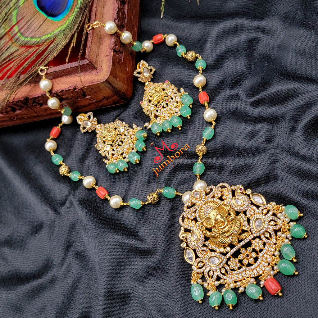 Coral, Pearl, and Emerald Green Beads Ganesha AD Zircon (CZ) Temple Jewelry Necklace Set