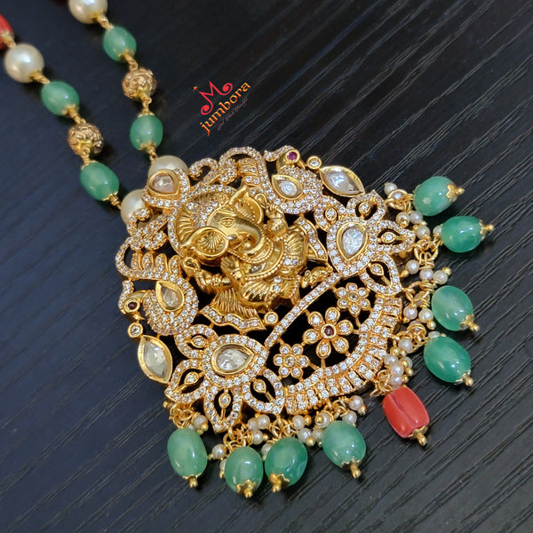 Coral, Pearl, and Emerald Green Beads Ganesha AD Zircon (CZ) Temple Jewelry Necklace Set