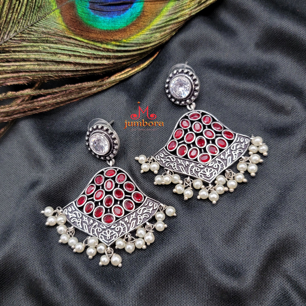 Red & White Oxidized German Silver Earring