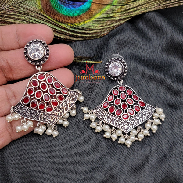 Red & White Oxidized German Silver Earring