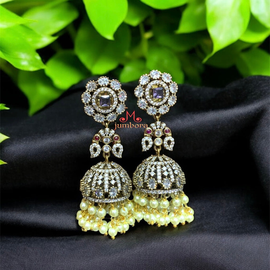 Victorian Purple & White AD Zircon CZ Jhumka