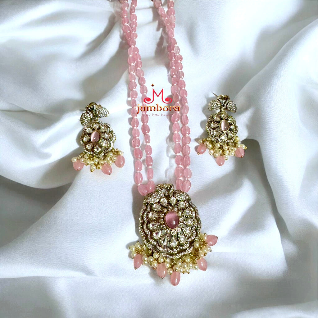 Pink Cat Eye & White AD Zircon Victorian Pendant with Pink Monalisa Beads Necklace Set