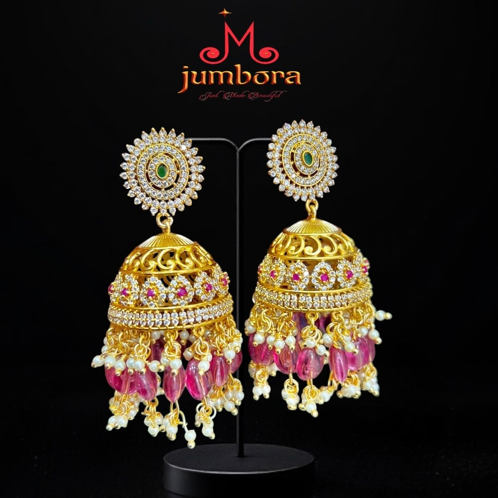 Statement Ruby red, Green & White CZ stones Jhumka Earrings