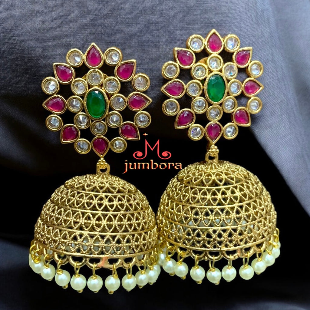 Traditional Ruby red, Green & LCD Champagne AD stones Jhumka Earrings