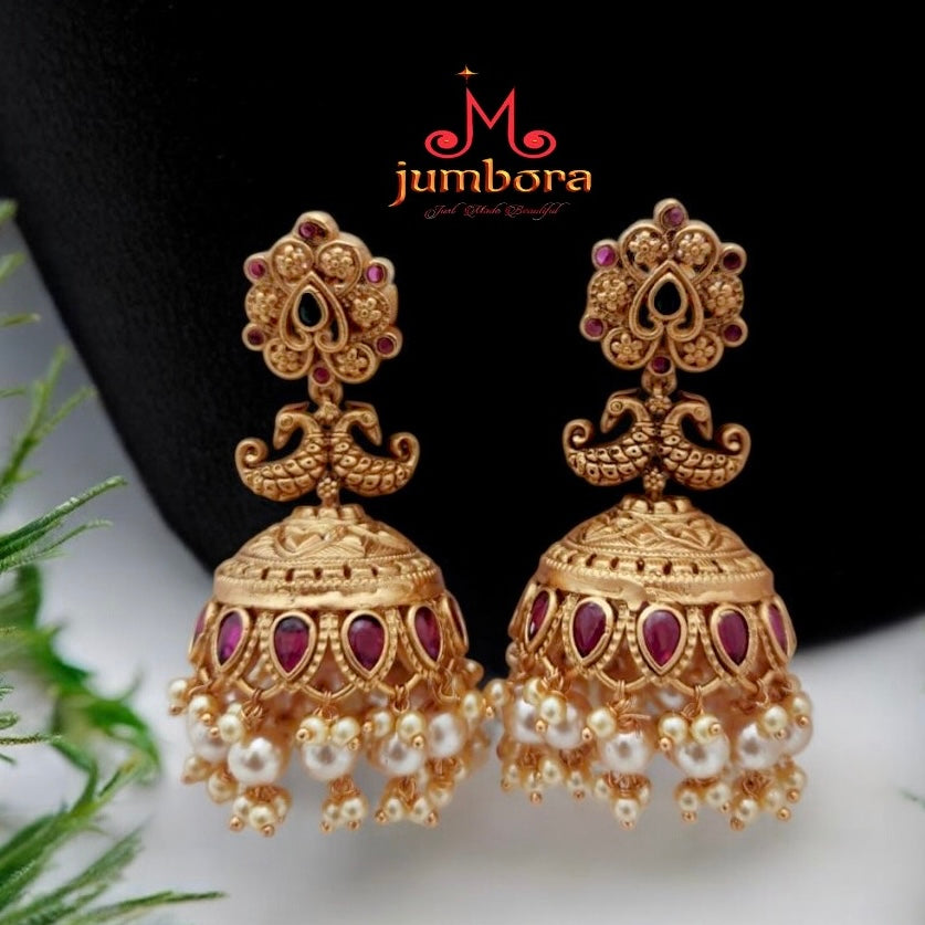 Antique Gold Matte Peacock Jhumka Earring