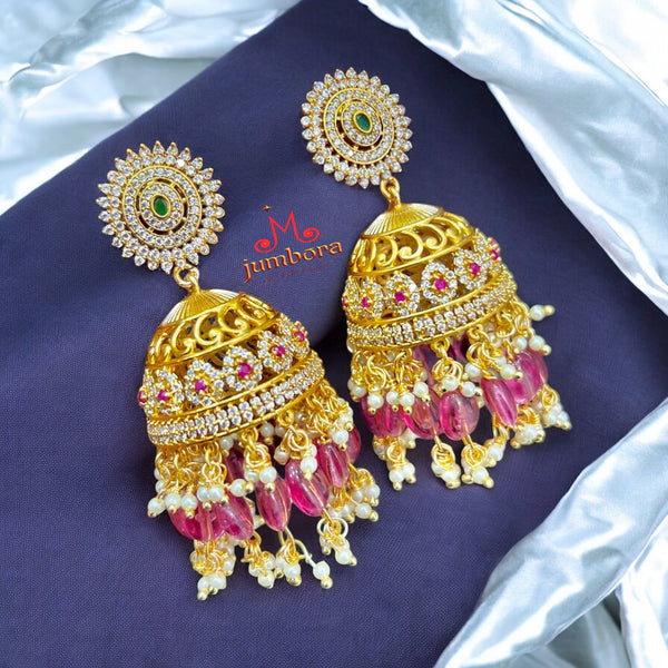 Statement Ruby red, Green & White CZ stones Jhumka Earrings