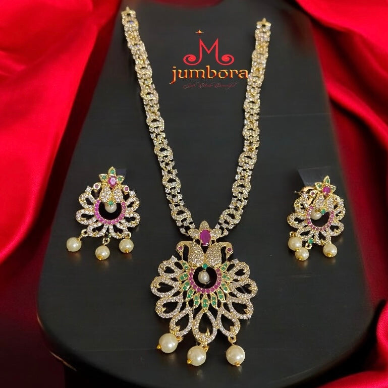 Ruby Red, Green & White AD Zircon CZ Necklace Set