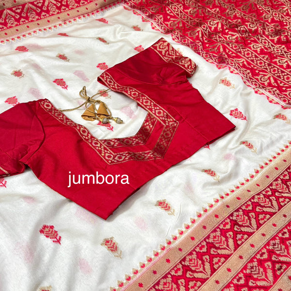 Cream White & Red Banarasi Jute Patola Saree with stitched blouse