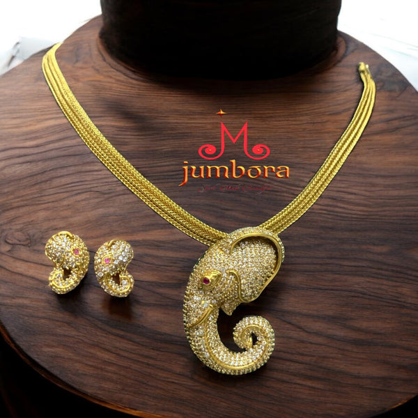 Ganesha White CZ Stones Antique Gold Necklace Set