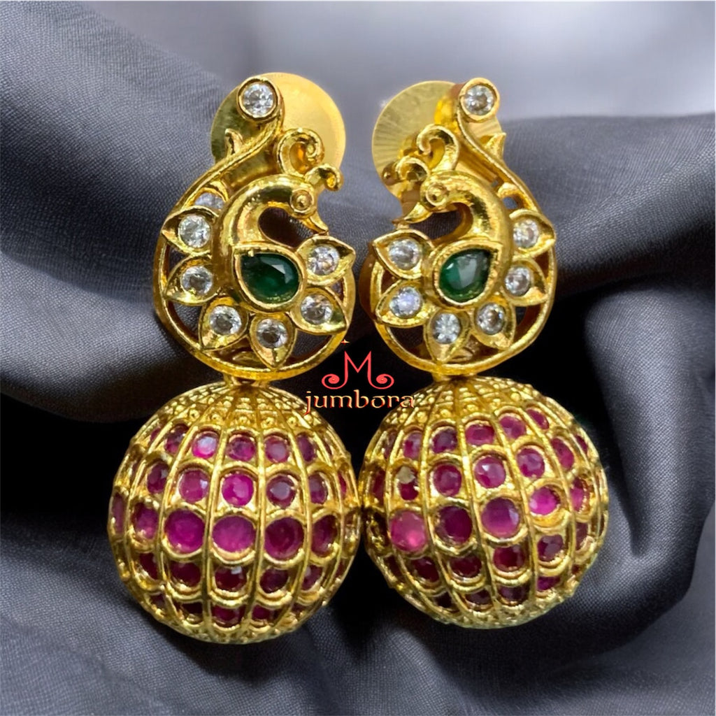 Peacock Gold Finish Ruby Red & Green AD stone Earring