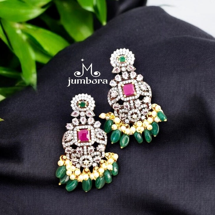 Ruby Red & White AD Zircon Victorian Earring with Green Monalisa Beads