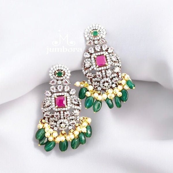 Ruby Red & White AD Zircon Victorian Earring with Green Monalisa Beads