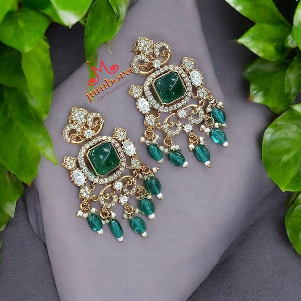 Green & White AD Zircon CZ Victorian Earring with Green Monalisa Beads