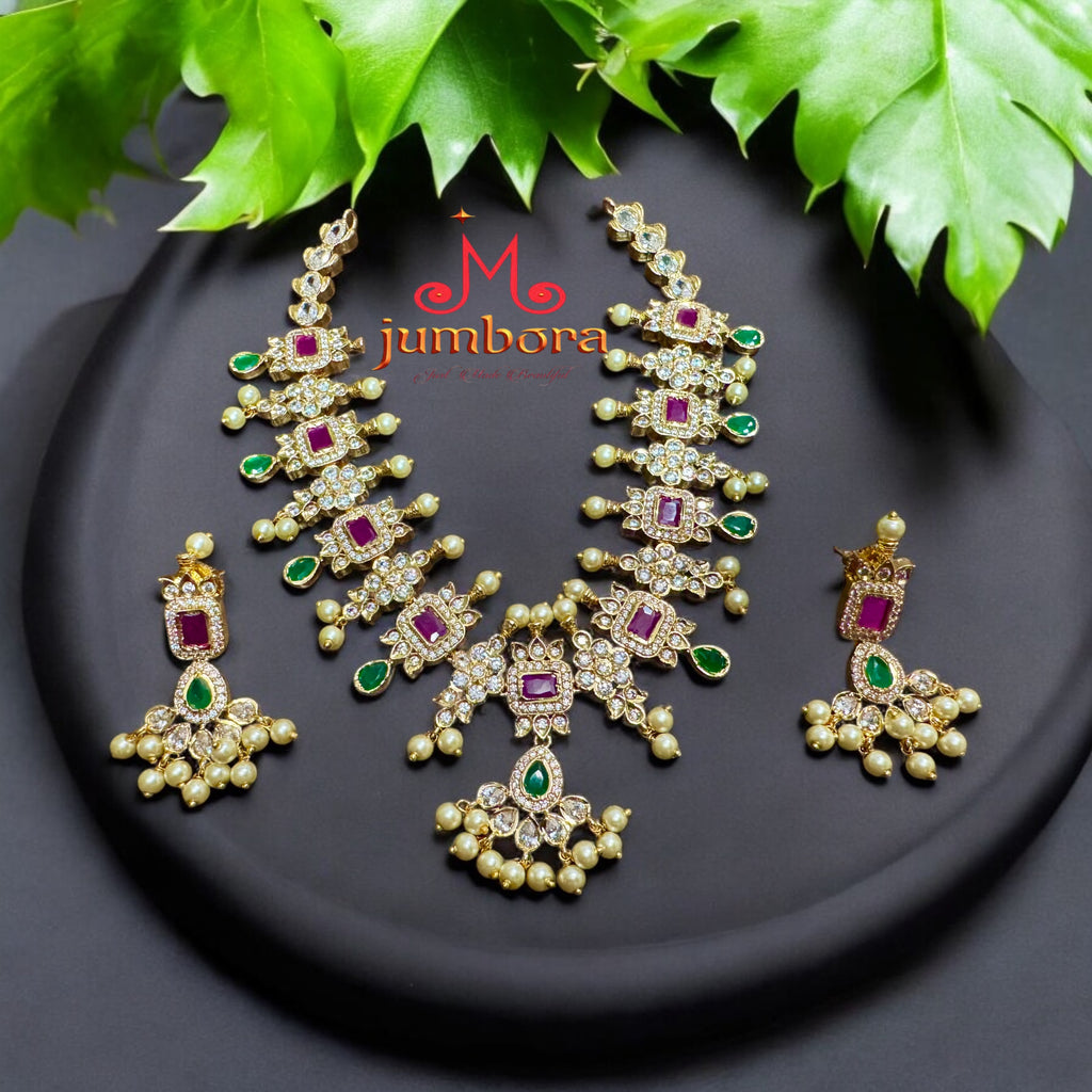 White, Red & Green AD Zircon CZ Uncut Diamond Style Necklace Set