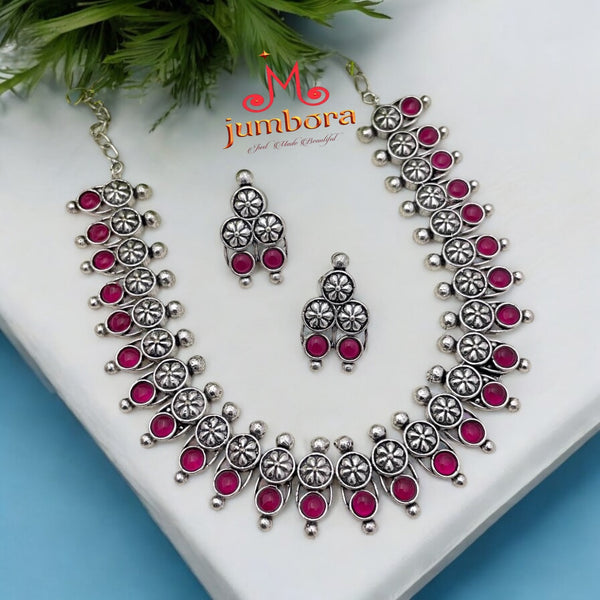 Oxidized German Silver Ruby Red Stone Necklace set