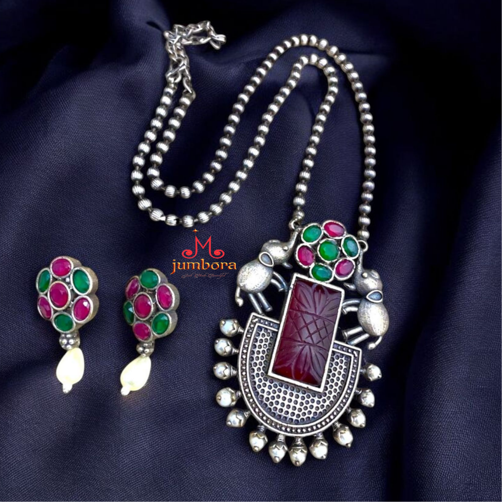 Carved Bead Ruby Red & Green Oxidized Mala Necklace Set