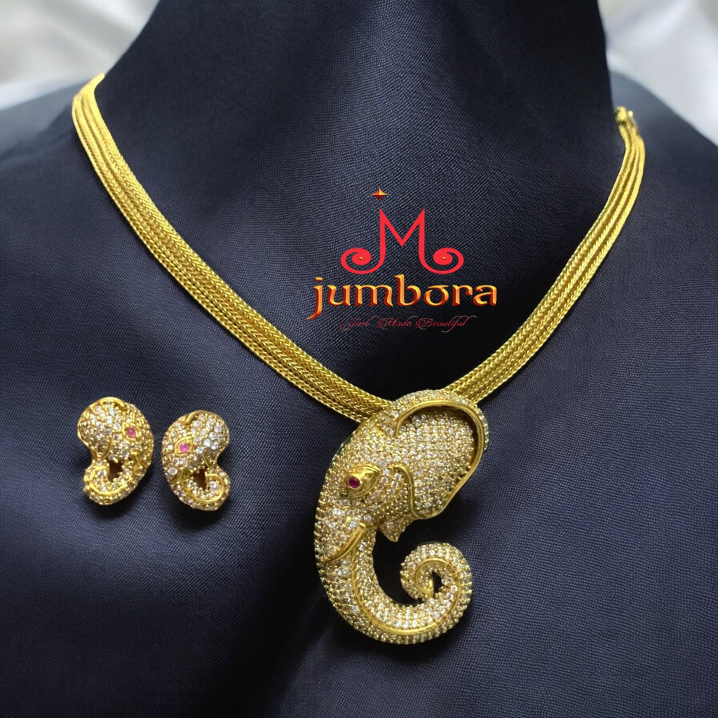 Ganesha White CZ Stones Antique Gold Necklace Set