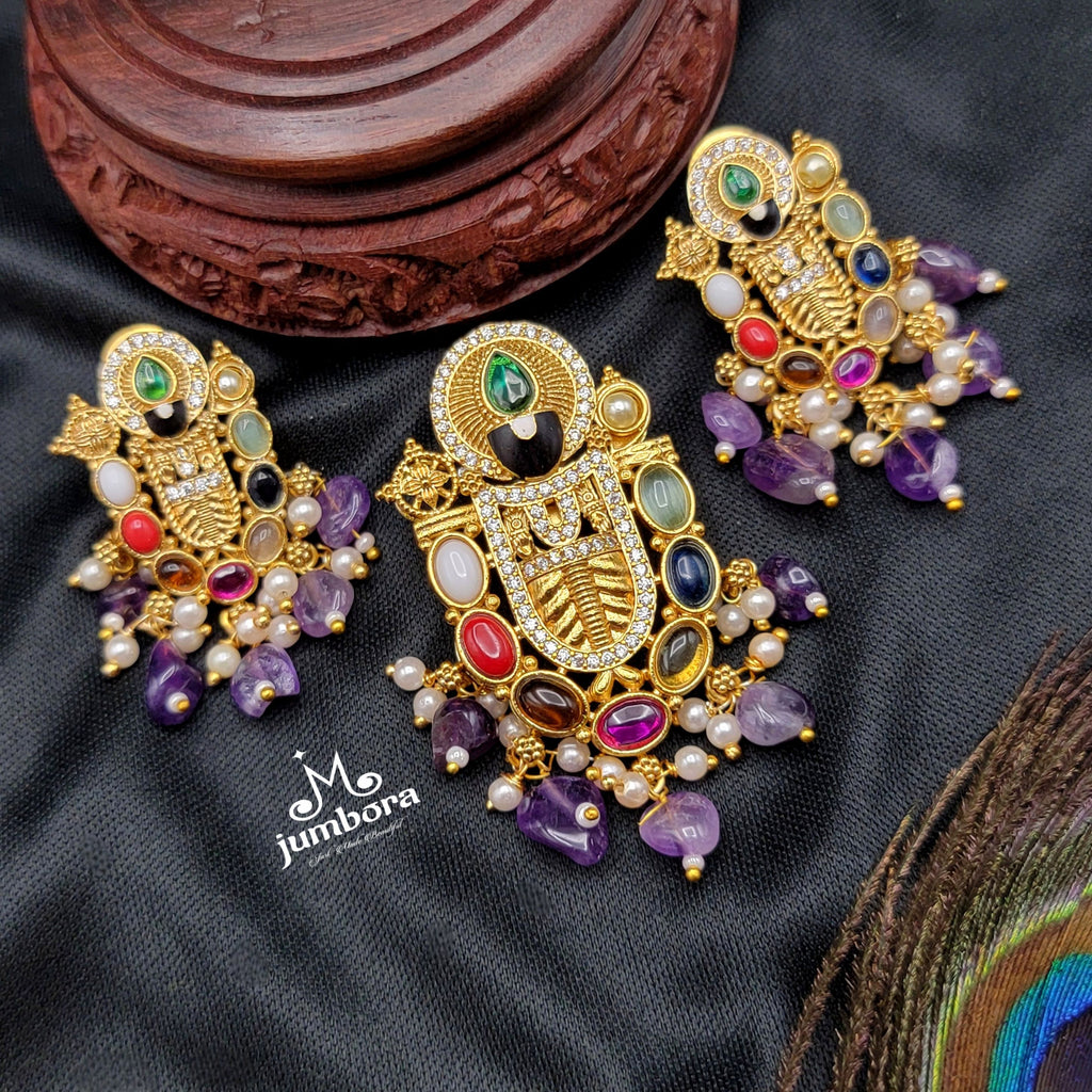 Navaratna Style Multicolor Lord Venkateshwara Pendant Temple Jewelry Set