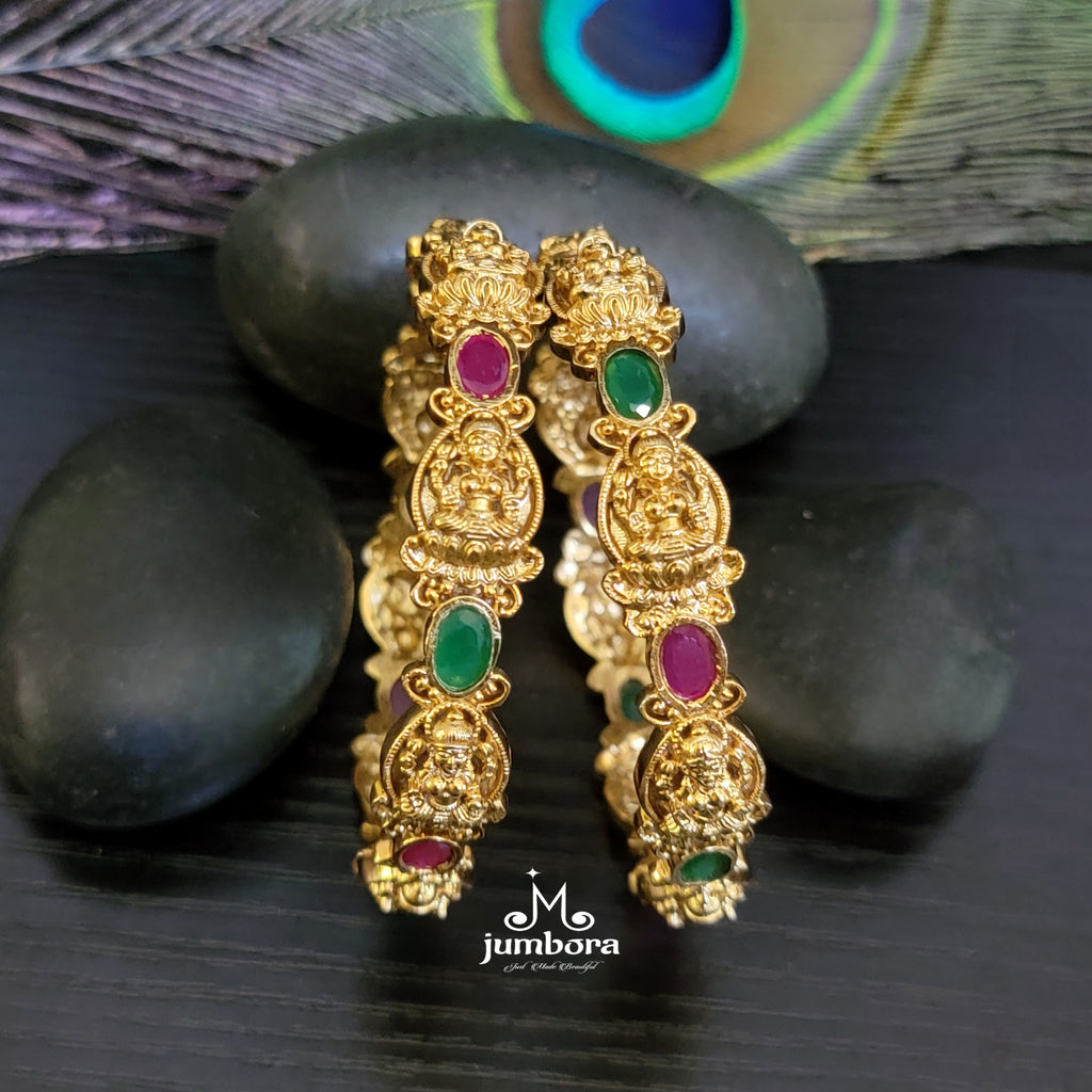 Antique Gold Lakshmi Bangle with Ruby & Green CZ AD Stone