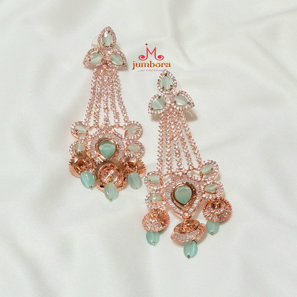 Contemporary Mint Green White Long Victorian Rose Gold AD Zircon (CZ) Earring