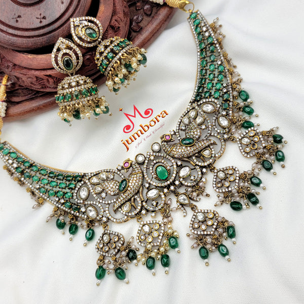 Royal Green & White AD Zircon Victorian Bridal Necklace with Peacock Motif