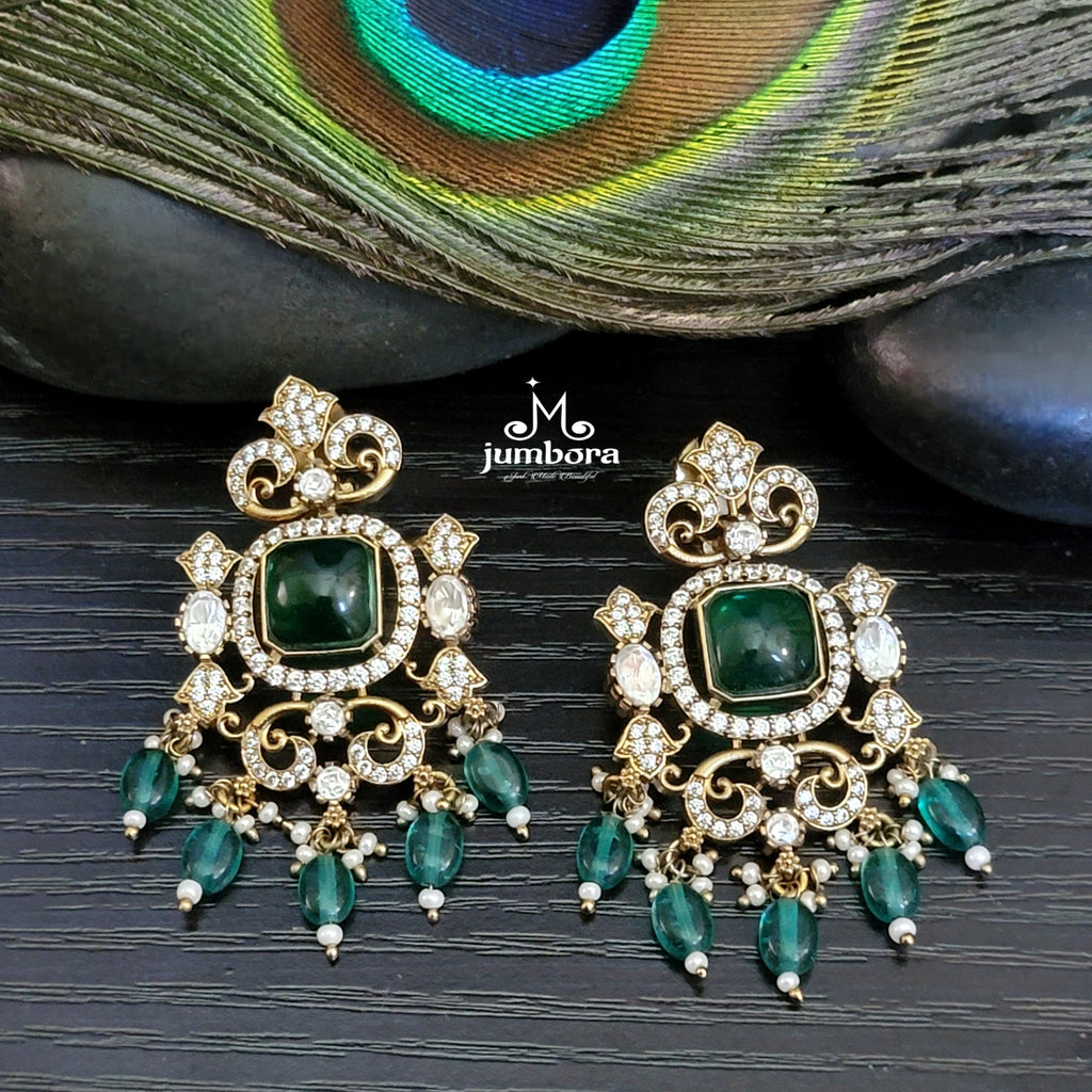 Green & White AD Zircon CZ Victorian Earring with Green Monalisa Beads