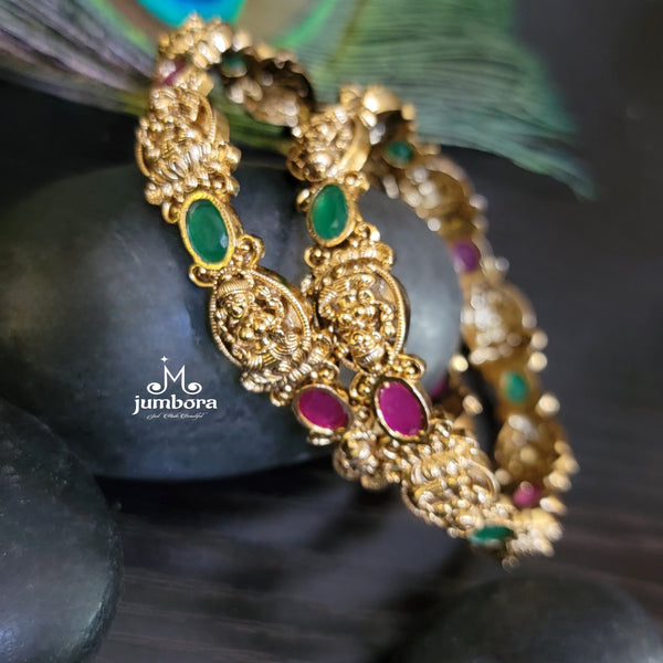 Antique Gold Lakshmi Bangle with Ruby & Green CZ AD Stone