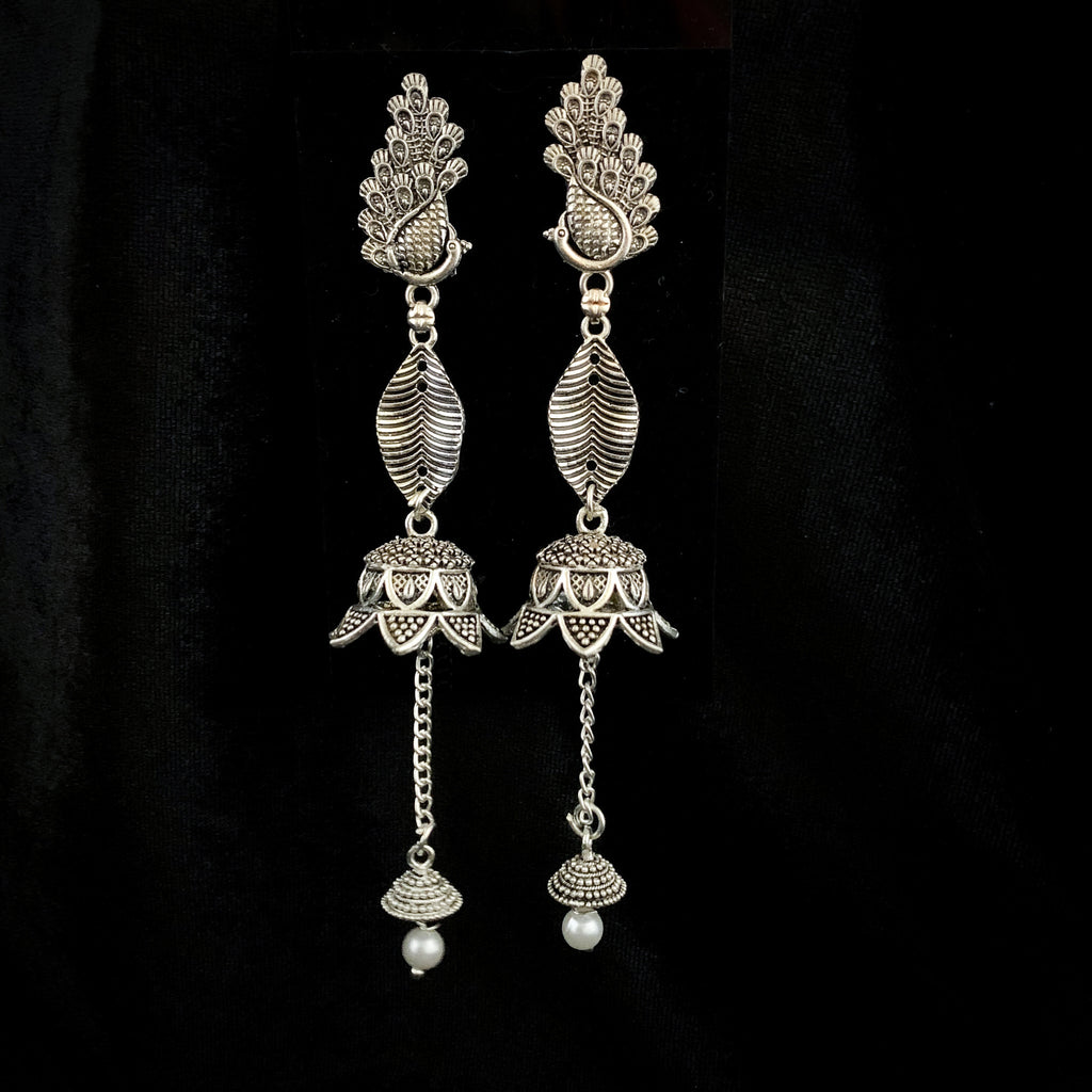 Fashionable Long Peacock Oxidized Silver Earring with Jhumka