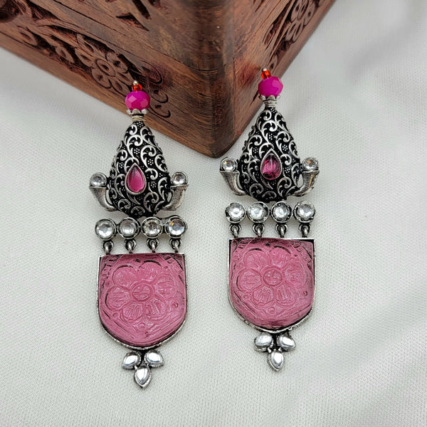 Carved Stone Oxidized German Silver Earrings