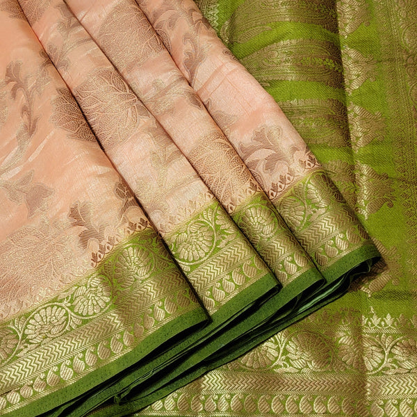 Golden Peach & Green Raw Silk Saree With Stitched Blouse