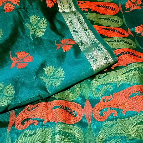 Dark Green Semi Tusser Silk Saree with stitched Blouse