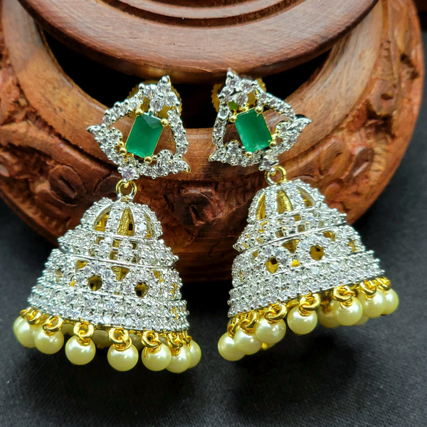 4-in-one Changeable Green & White AD Zircon Jhumka Earring