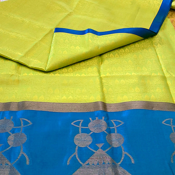 Trendy Light Green & Blue Kora Muslin Saree With Stitched Blouse