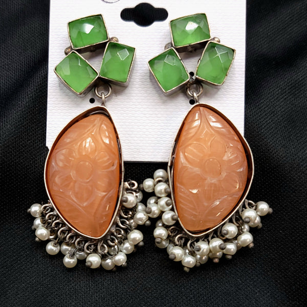 Green & Orange Carved Stone Oxidized German Silver Earrings