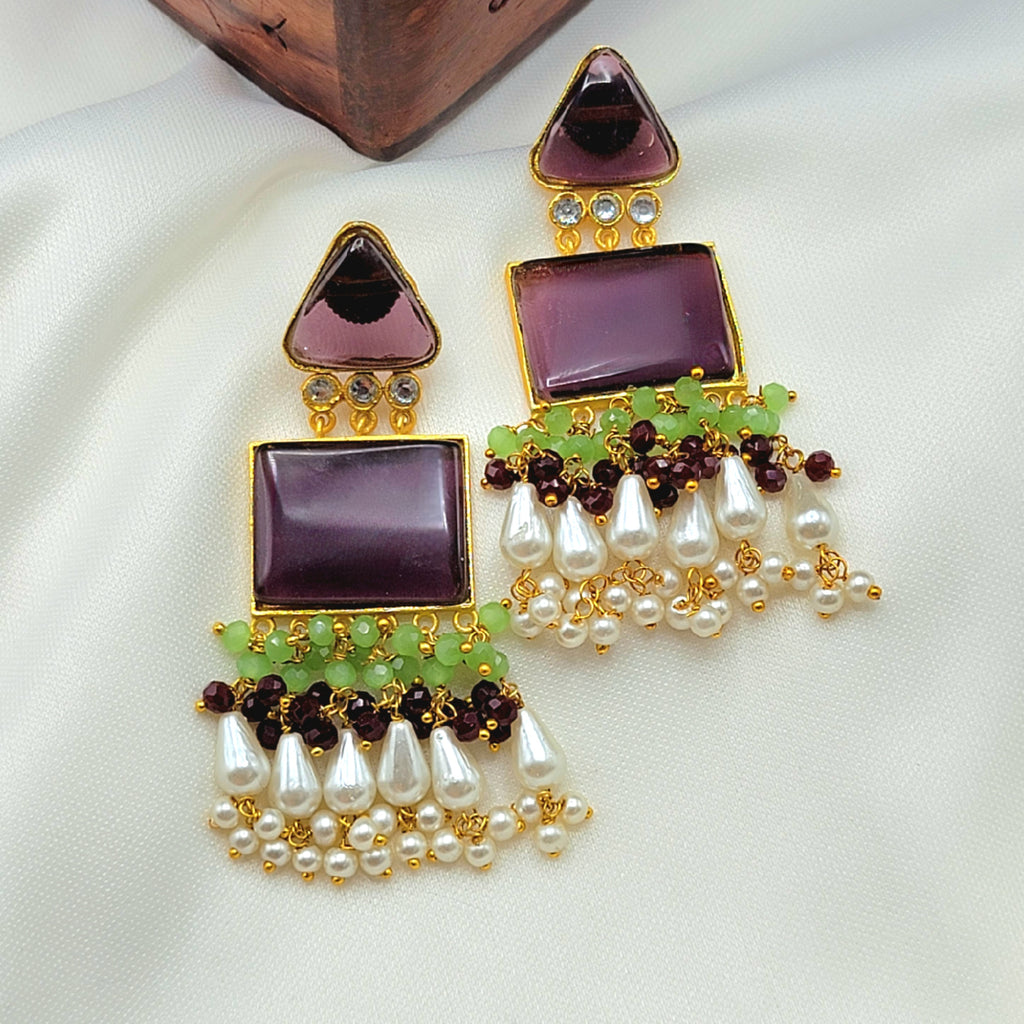 White stone with kundan work and oval big rust natural stone earring w –  Odara Jewellery