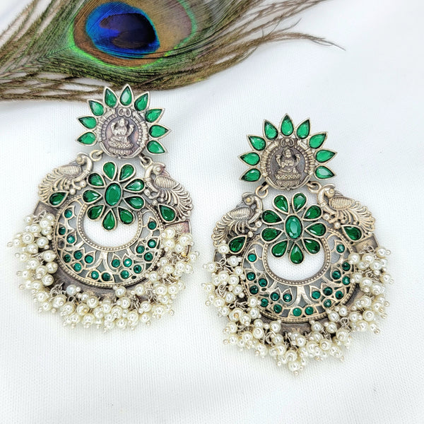 Lakshmi Green Oxidized German Silver Earring with Pearl dangles