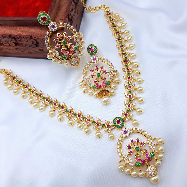 Multicolor Peacock Zircon (CZ) Stone Necklace set with Pearls